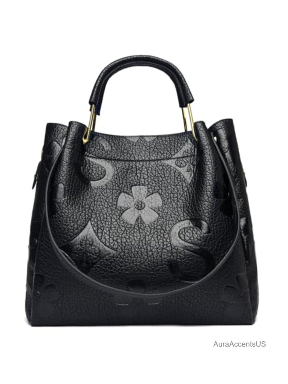Floral Embossed Vegan Leather Bucket Bag Set Top Handle Shoulder Tote